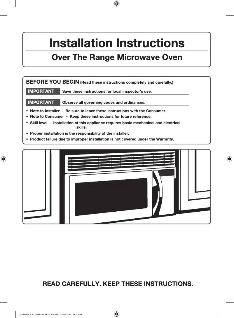 Page 1 de la notice Guide d'installation Samsung ME21M706BAS