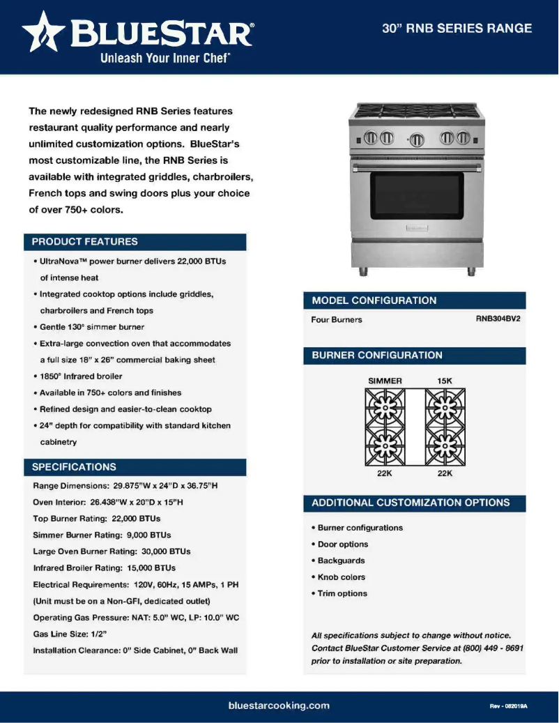 Página 1 del manual Ficha técnica BlueStar RNB304BV2
