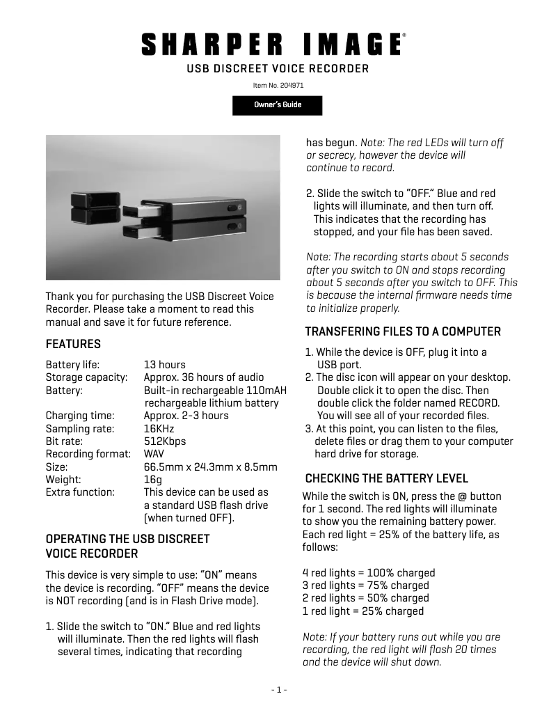Page 1 of the manual User Manual Sharper Image 204971