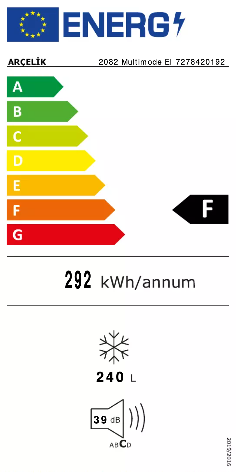 Page n°1 - Label énergétique Arçelik 2082 Multimode EI