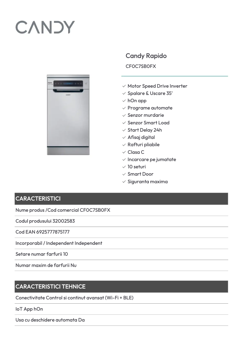 Page 1 de la notice Fiche technique Candy CF0C7SB0FX