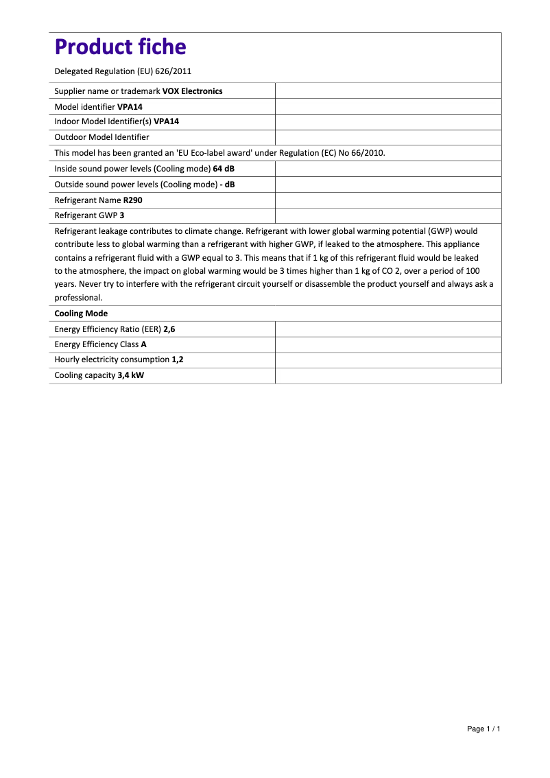 Page 1 de la notice Manuel utilisateur VOX VPA-14