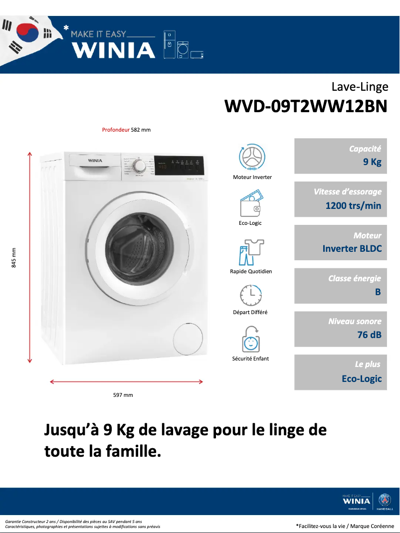 Page 1 de la notice Fiche technique Winia WVD-09T2WW12BN