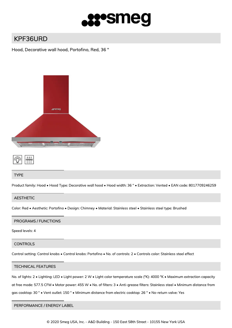 Page 1 de la notice Fiche technique Smeg KPF36URD