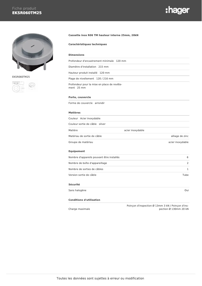 Page 1 de la notice Fiche technique Hager EKSR060TM25