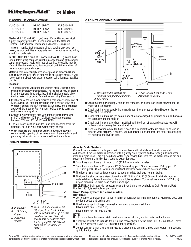 Page 1 de la notice Fiche technique KitchenAid KUIO18NNZS