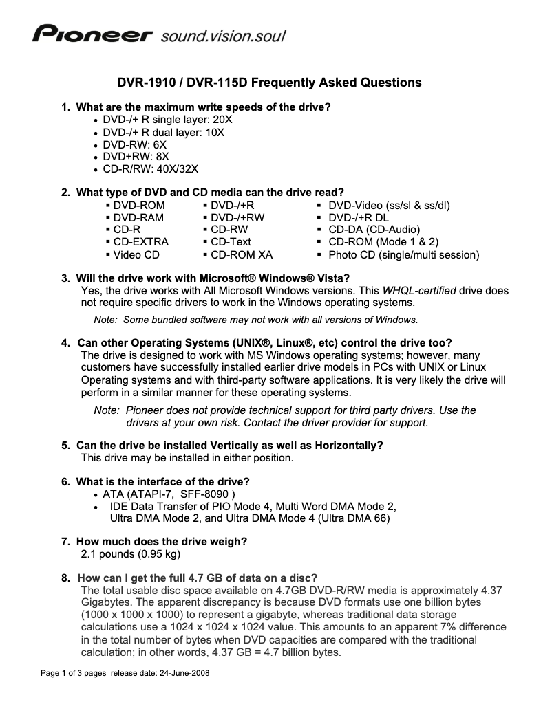 Page 1 de la notice FAQ Pioneer DVR-1910LS