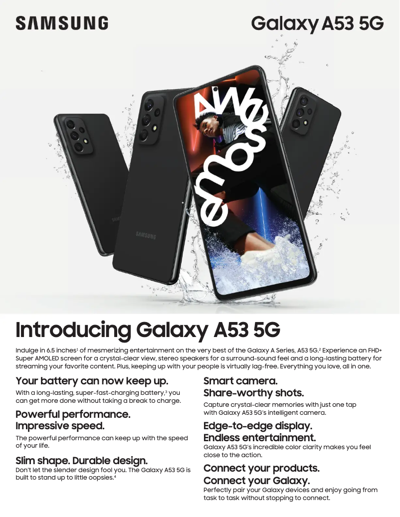 Page 1 de la notice Fiche technique Samsung Galaxy A53 5G