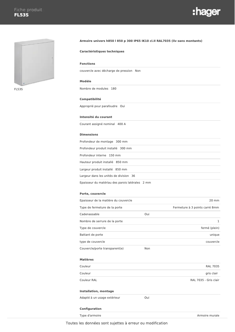 Page n°1 - Fiche technique Hager FL53S