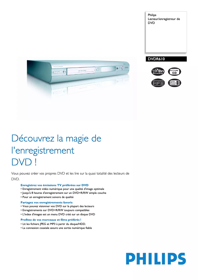 Page 1 de la notice Fiche technique Philips DVDR610