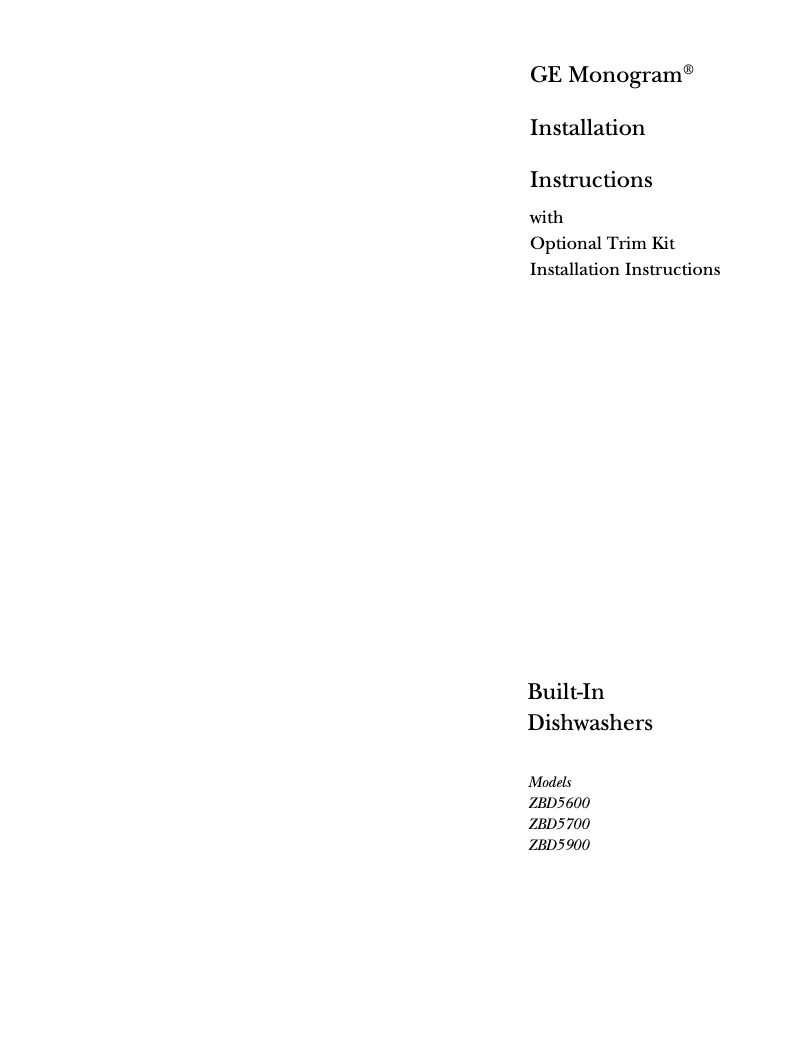 Page n°1 - Guide d'installation GE ZBD5700DWW