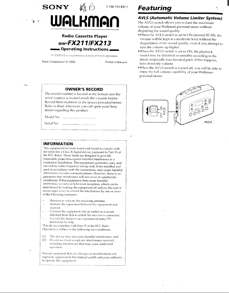 Page 1 de la notice Manuel utilisateur Sony Walkman WM-FX213