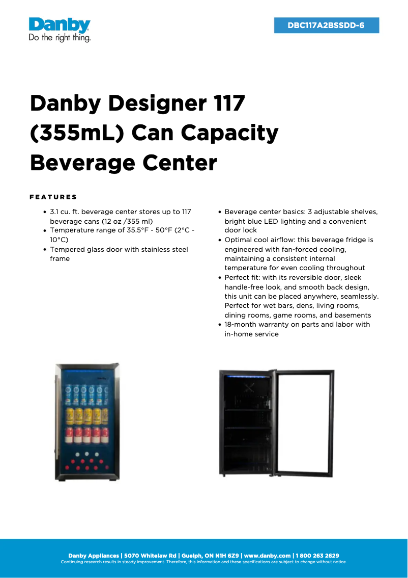 Página 1 del manual Ficha técnica Danby DBC117A2BSSDD-6