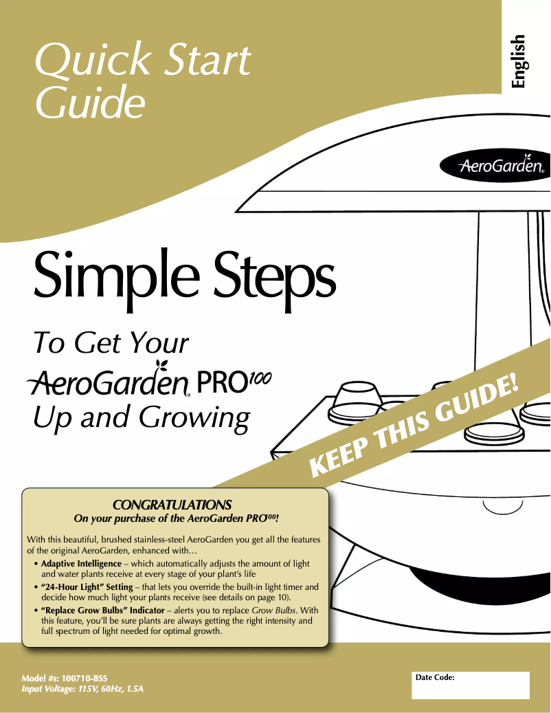 Page 1 de la notice Manuel utilisateur AeroGarden Pro100