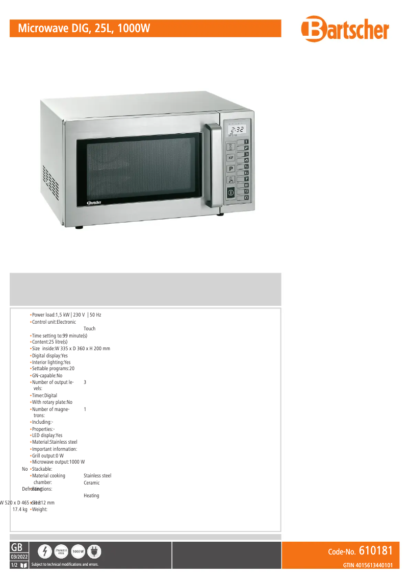 Page 1 de la notice Fiche technique Bartscher 610181