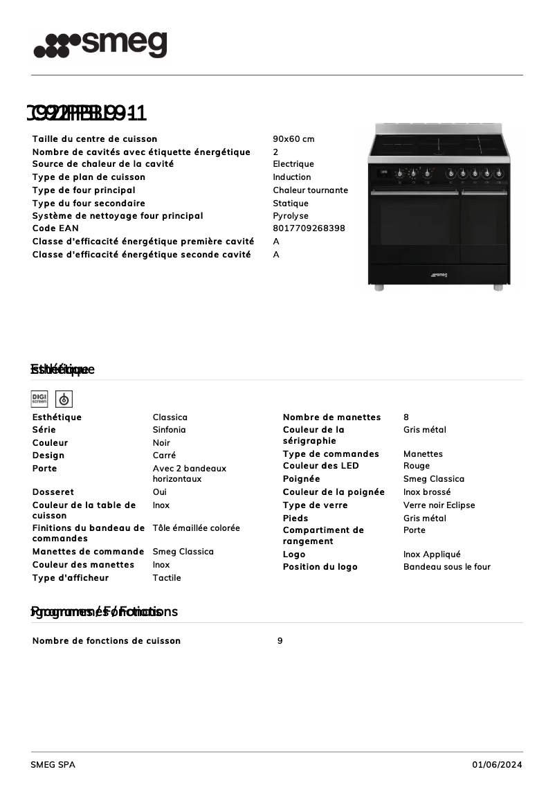 Page n°1 - Fiche technique Smeg C92IPBL9-1