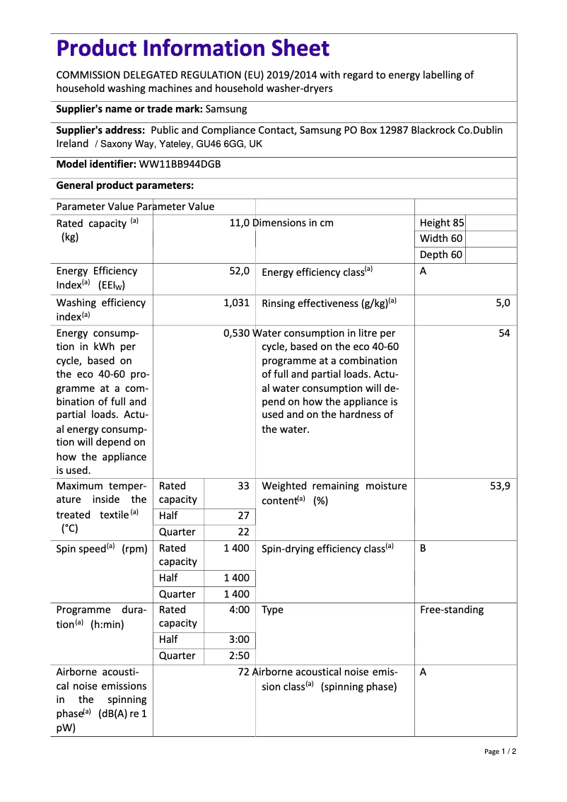 Page 1 de la notice Fiche technique Samsung WW11BB944DGB