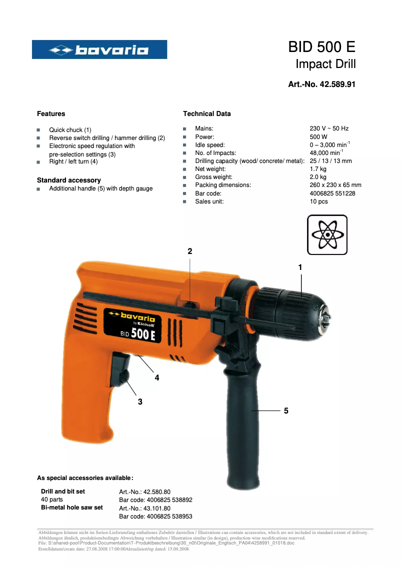 Page 1 de la notice Fiche technique Bavaria BID 500 E