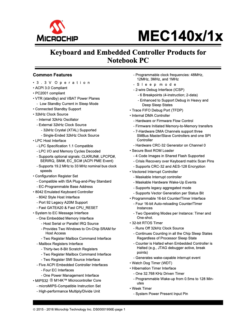 Page 1 de la notice Fiche technique Microchip MEC1418