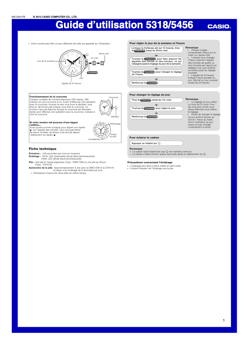 Page 1 de la notice Manuel utilisateur Casio Sheen SHE-3807D-7AUER