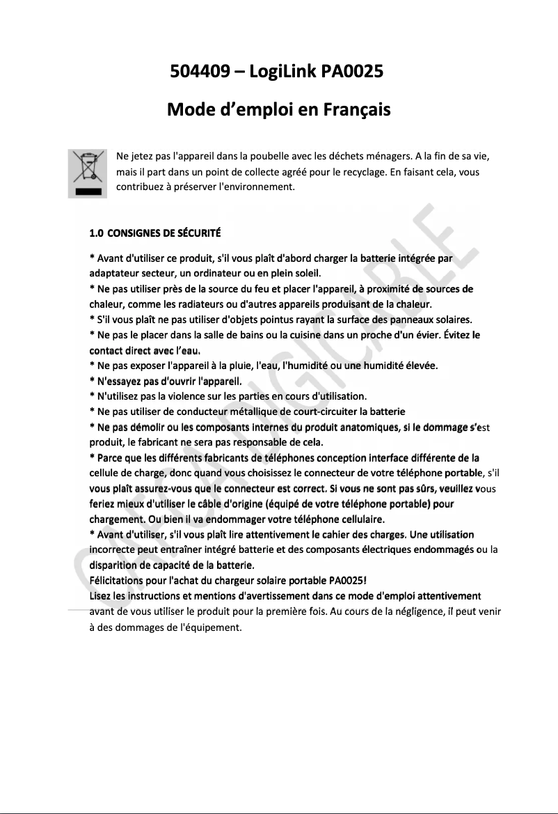 Page 1 de la notice Manuel utilisateur LogiLink PA0025