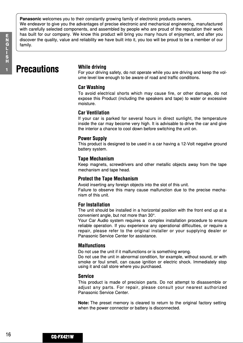 Image de la première page du manuel de l'appareil CQ-FX421