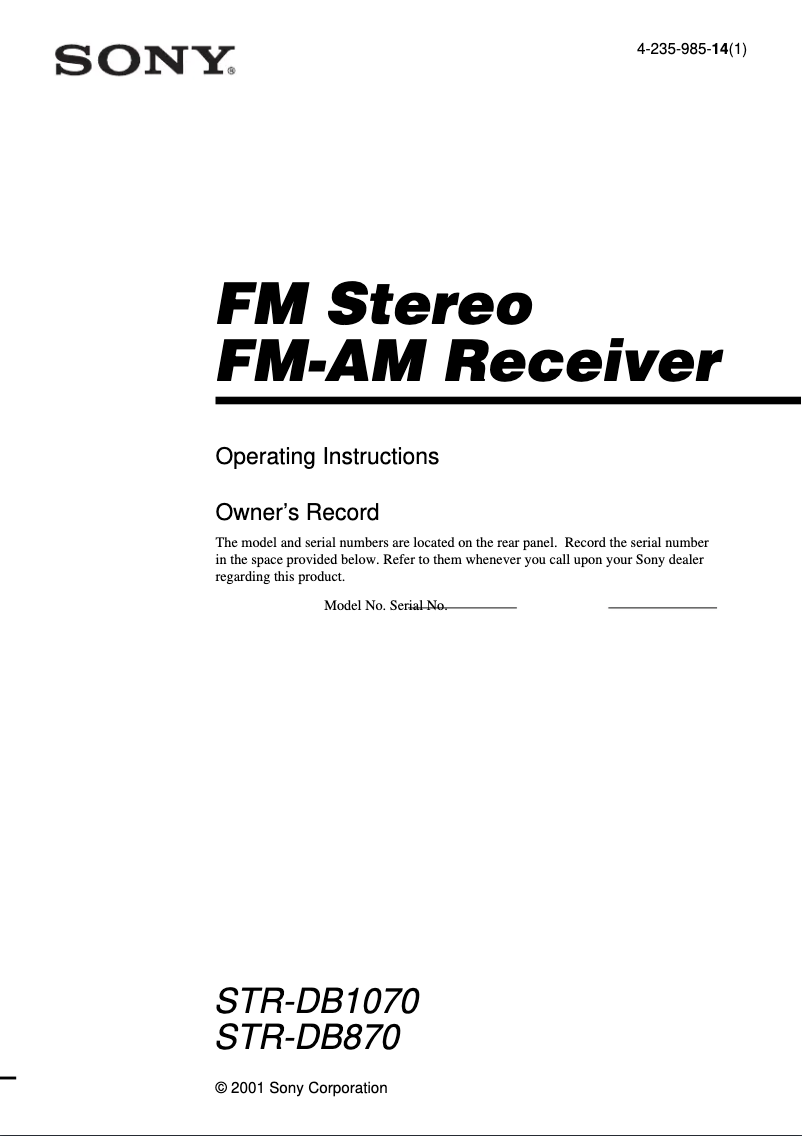 Page 1 de la notice Manuel utilisateur Sony STR-DB1070