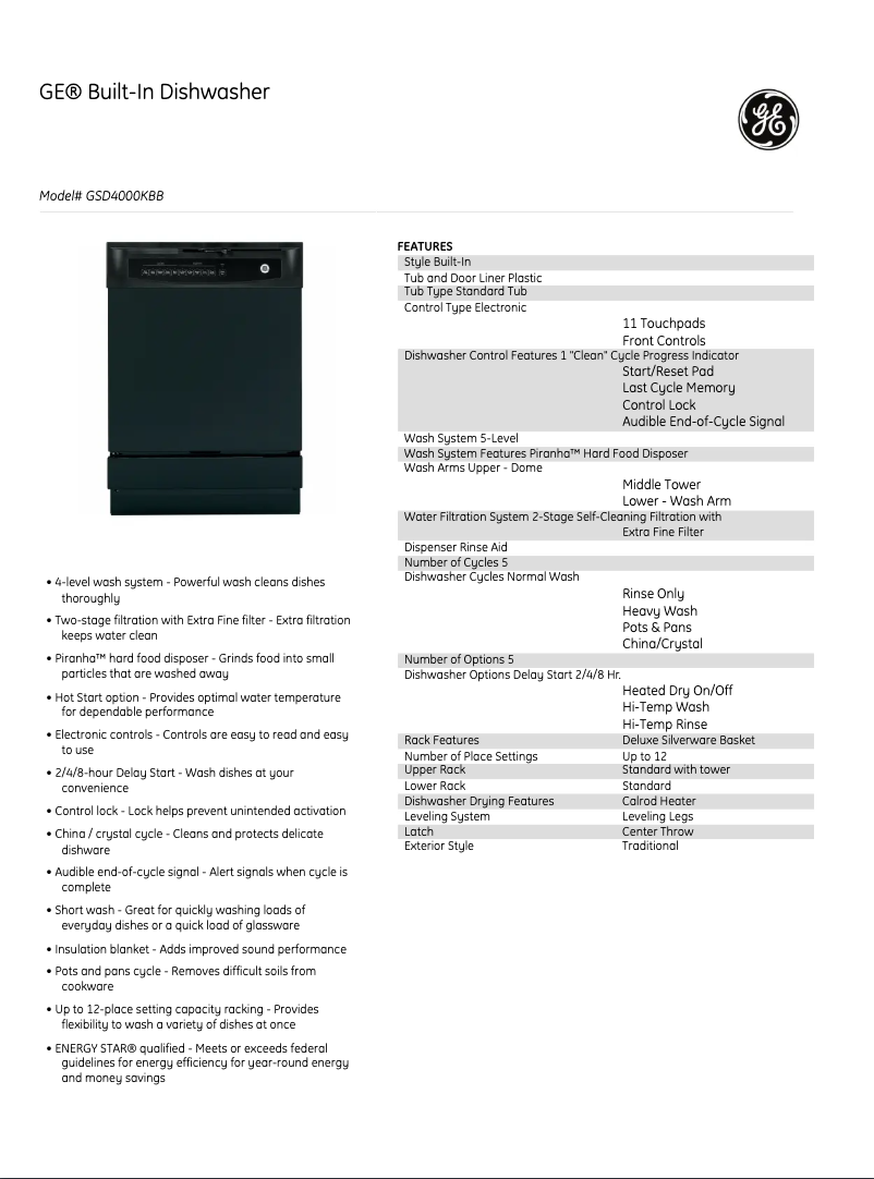 Página 1 del manual Ficha técnica GE GSD4000KBB