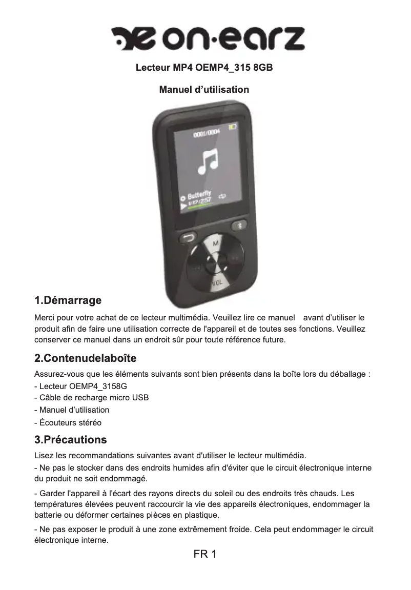 Page 1 de la notice Manuel utilisateur Onearz OE 315