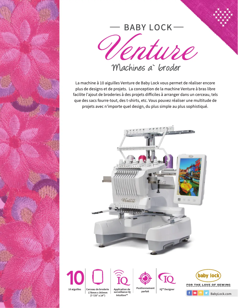 Page 1 de la notice Fiche technique Baby Lock Venture