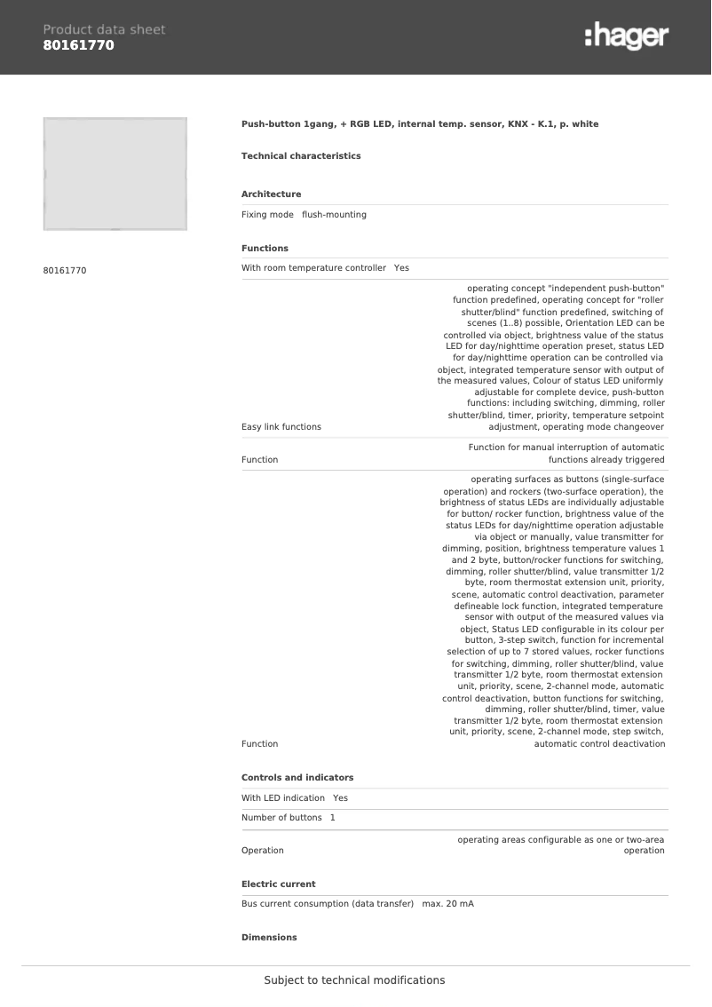 Page 1 de la notice Fiche technique Berker 80161770