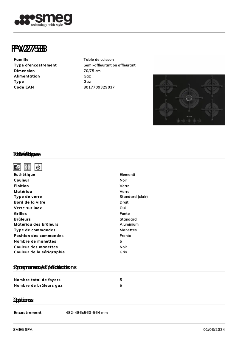 Página 1 del manual Ficha técnica Smeg PV275B