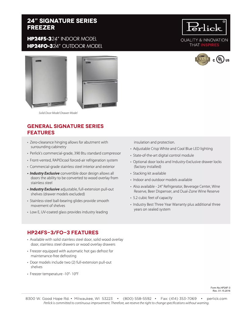 Page 1 de la notice Fiche technique Perlick HP24FS-3-1L