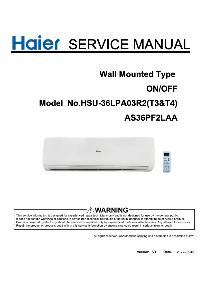 Page 1 de la notice Manuel utilisateur Haier HSU-36LPA03/R2