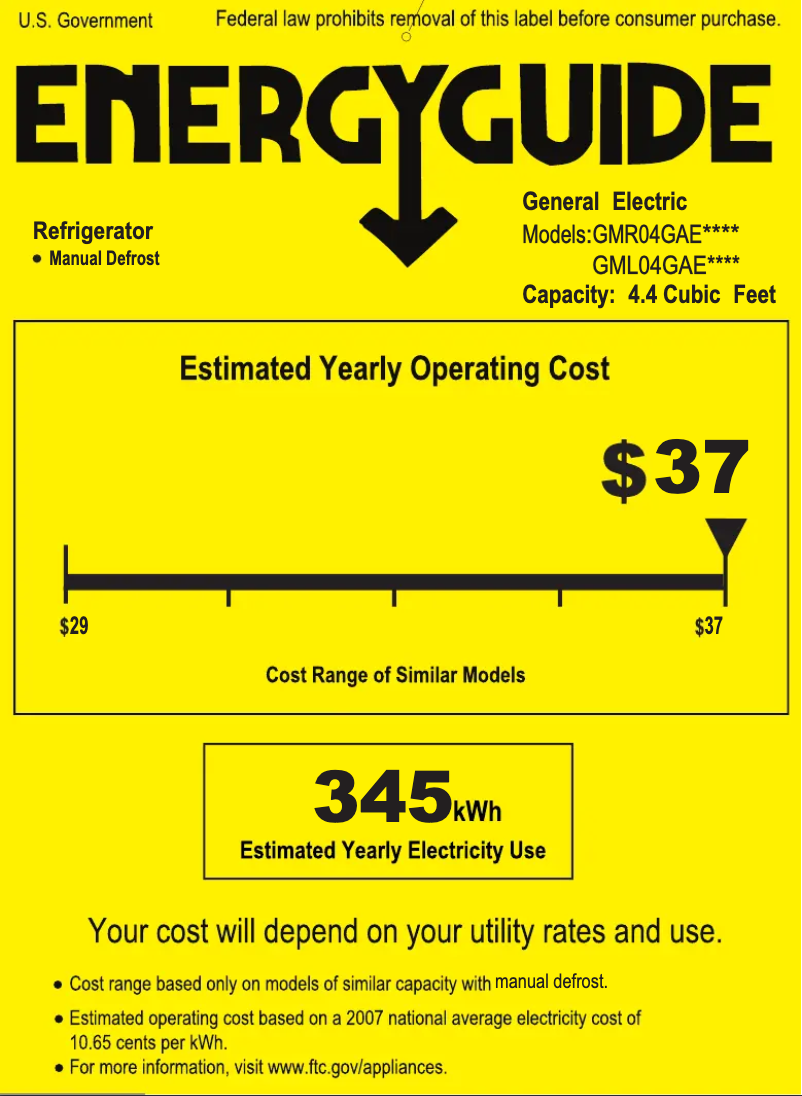 Page 1 de la notice Label énergétique GE GMR04GAEBB