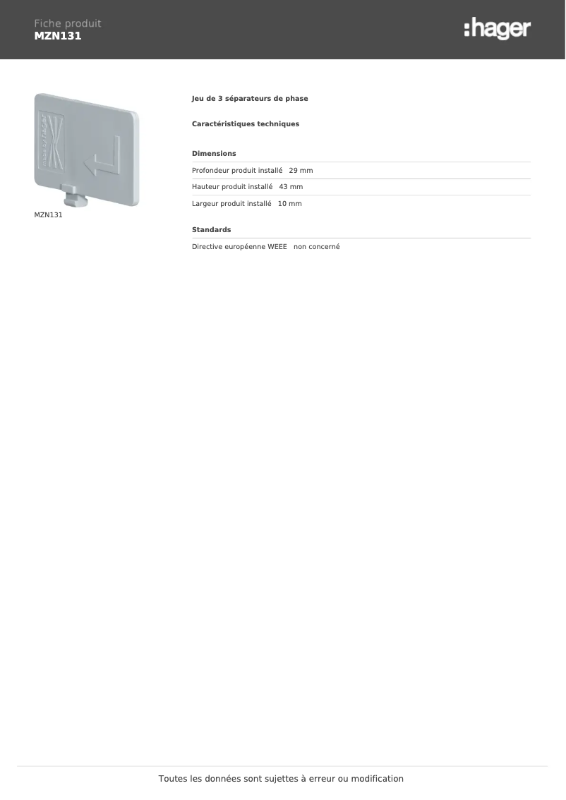 Page 1 de la notice Manuel utilisateur Hager MZN131