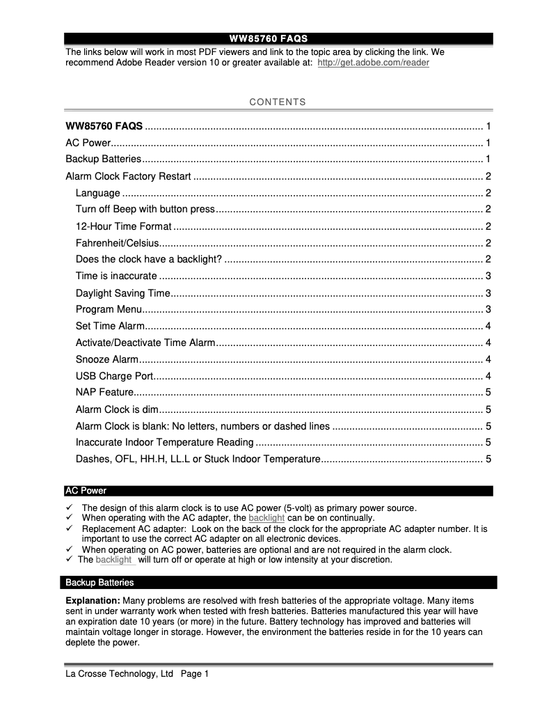 Page n°1 - FAQ La Crosse Technology WW85760