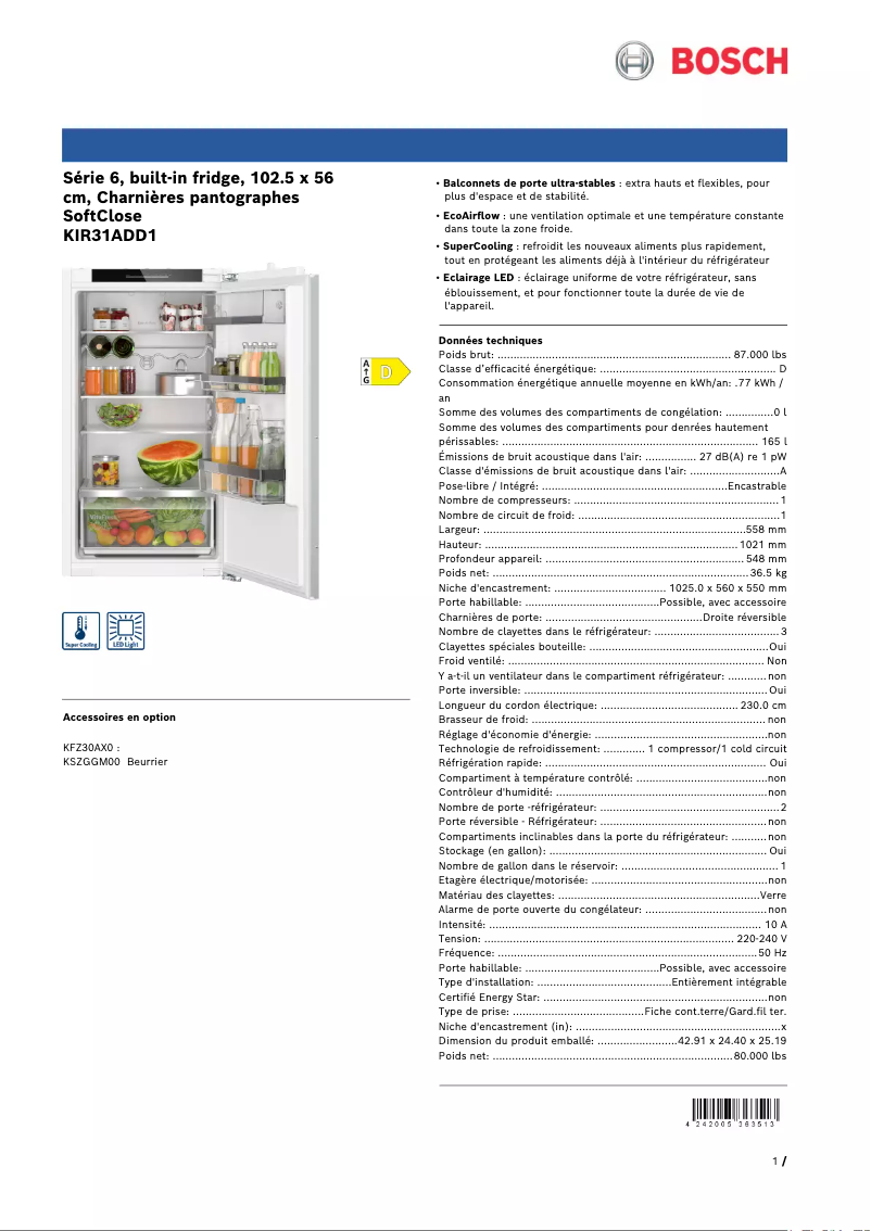 Página 1 del manual Ficha técnica Bosch KIR31ADD1