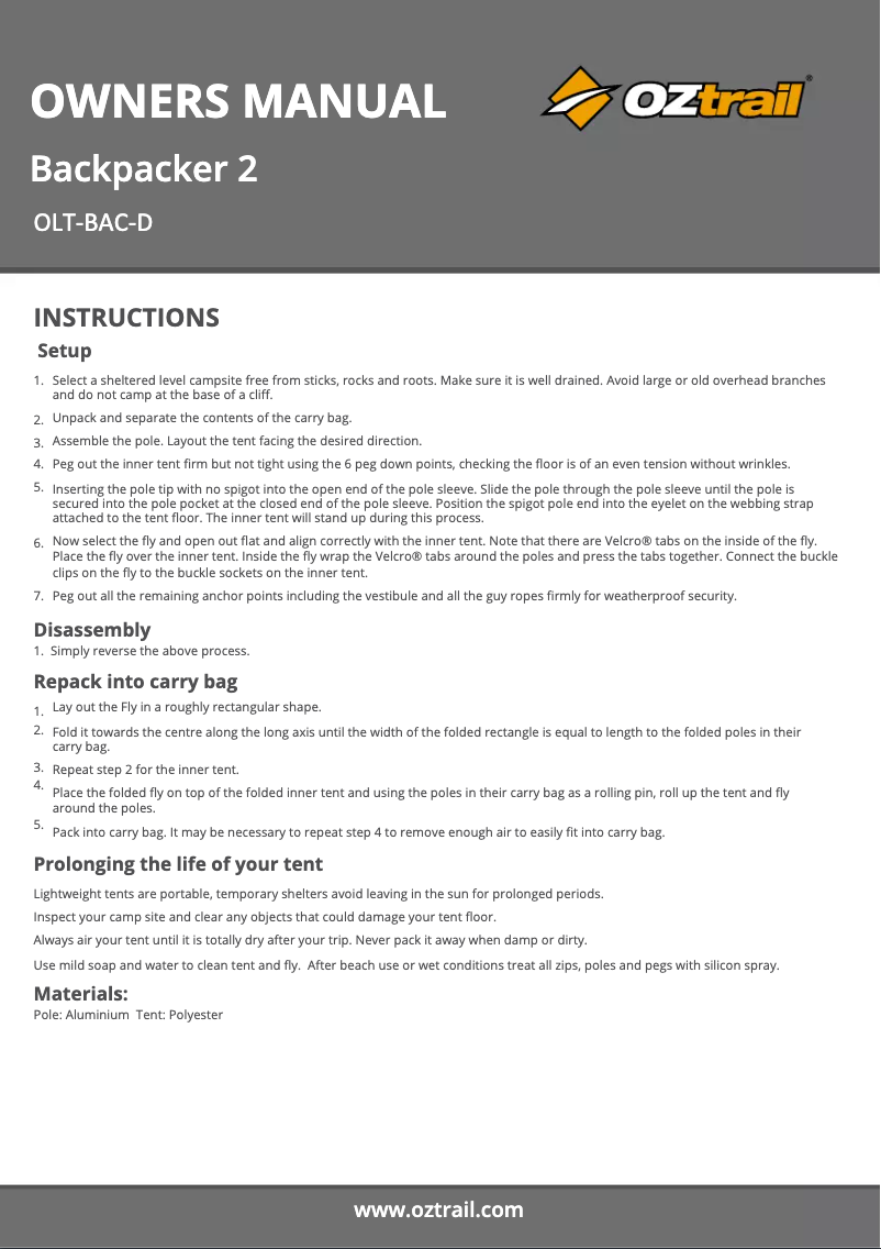 Imagen de la primera página del manual del dispositivo Backpacker 2