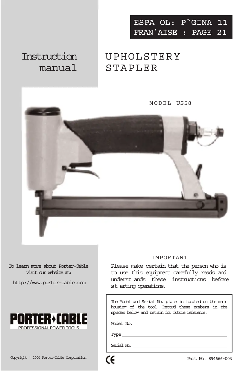 Page n°1 - Manuel utilisateur Porter-Cable US58