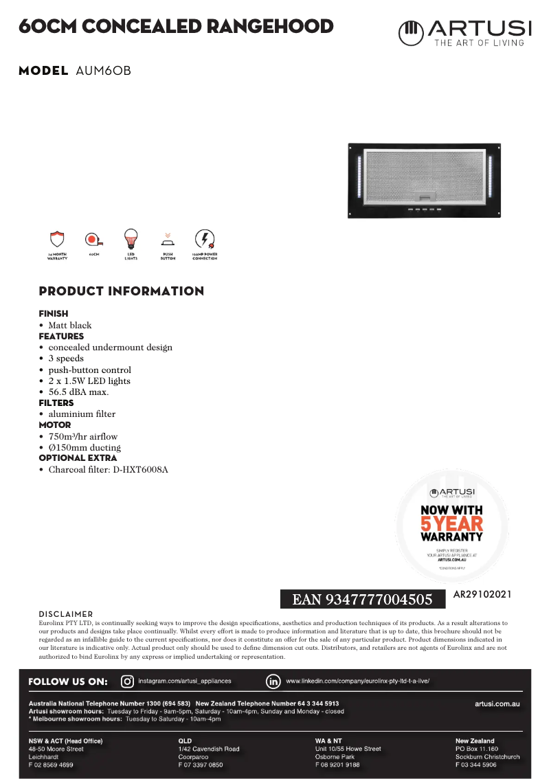 Page 1 de la notice Fiche technique Artusi AUM60