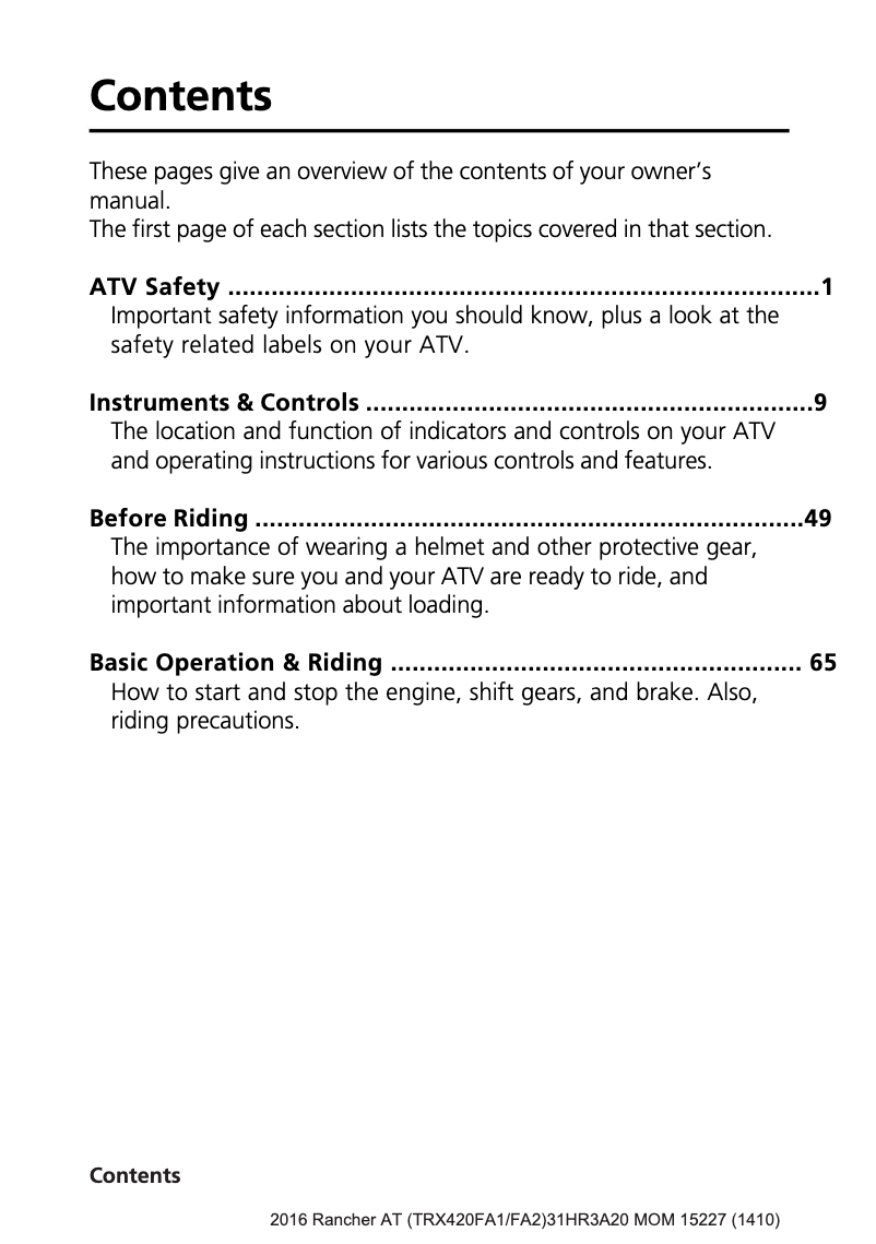 Página 1 del manual Manual de usuario Honda FourTrax Rancher TRX420TE1 (2016)