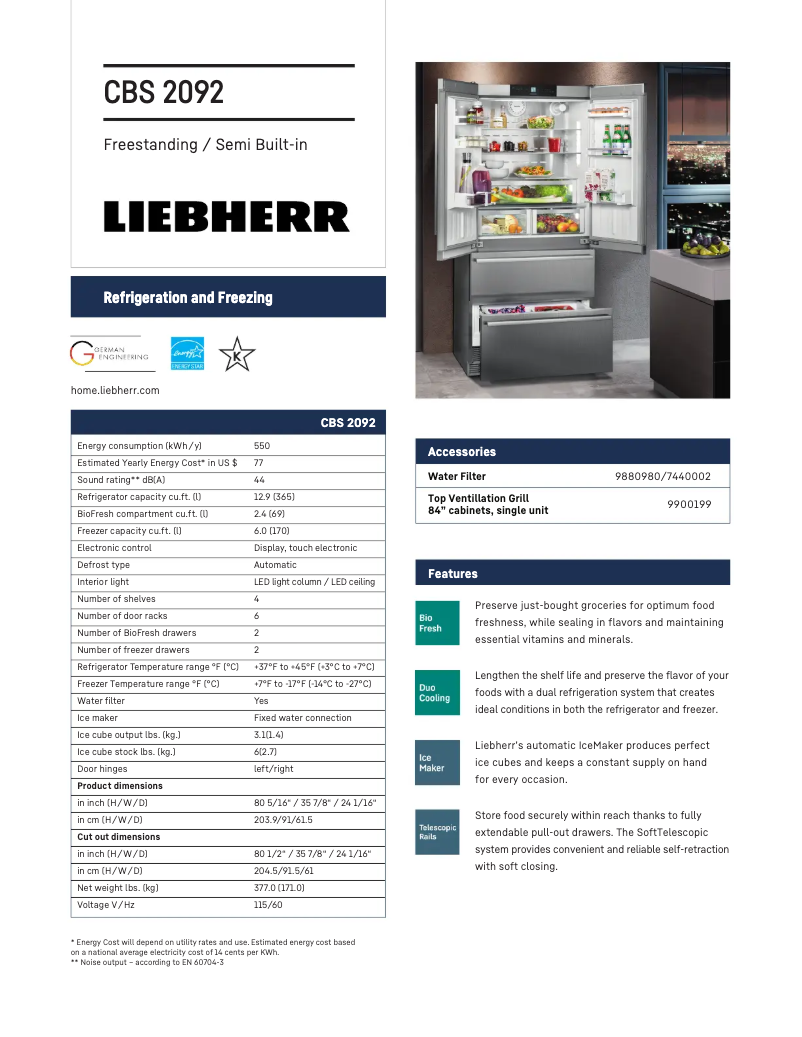 Page 1 de la notice Fiche technique Liebherr CBS-2092