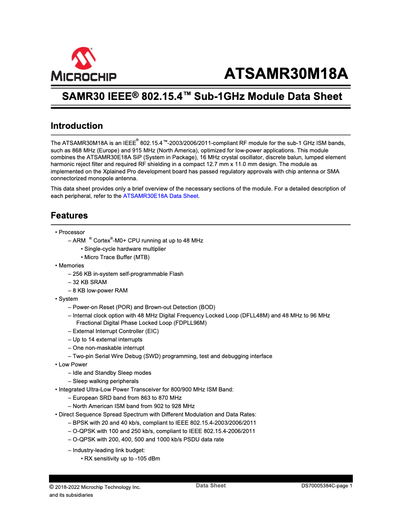 Page 1 de la notice Fiche technique Microchip ATSAMR30M18