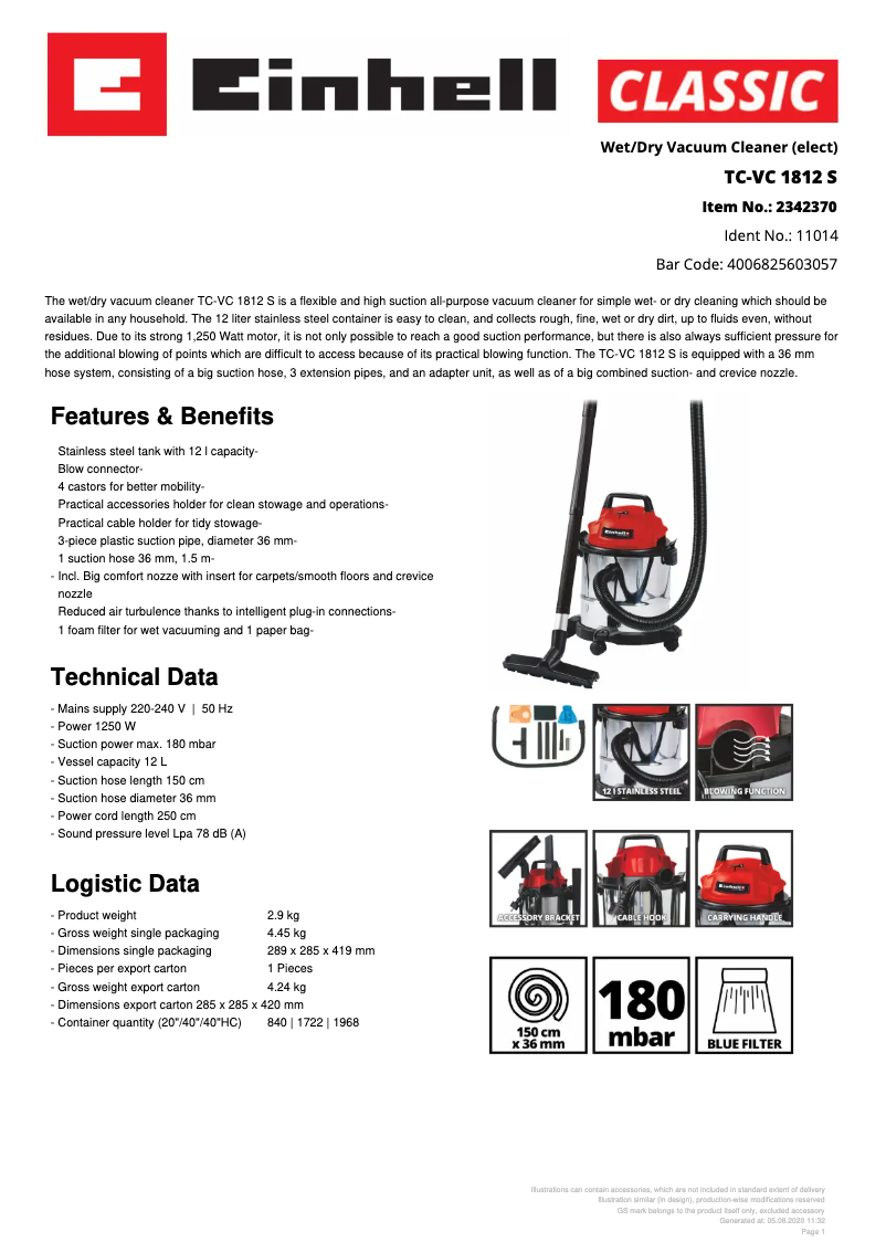 Page 1 de la notice Fiche technique Einhell TC-VC 1812 S