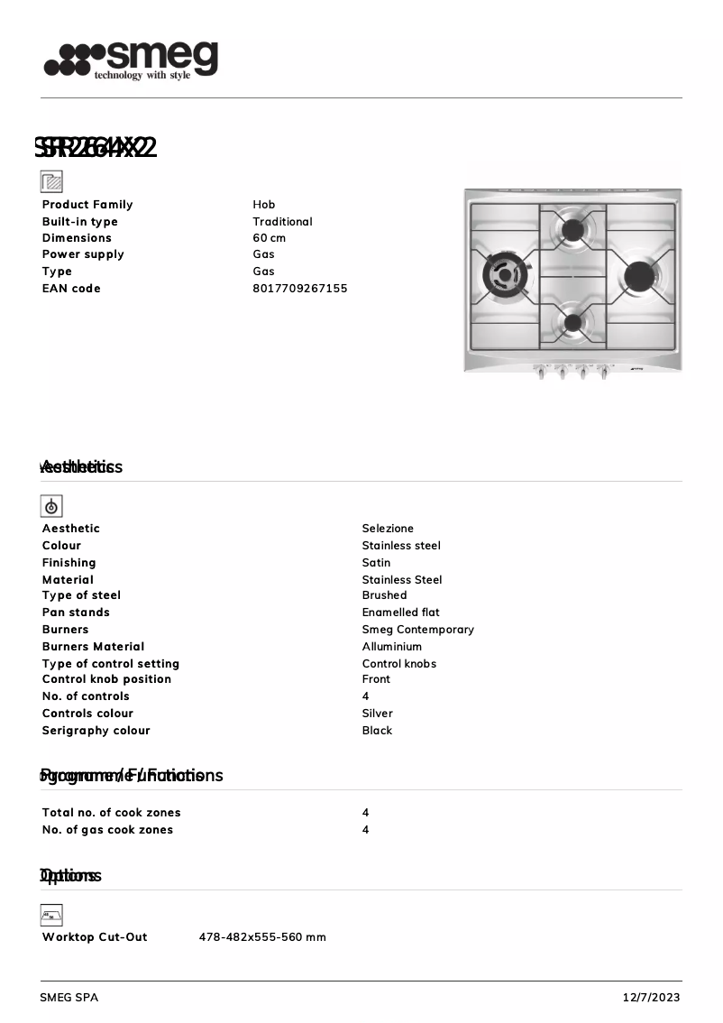 Page 1 de la notice Fiche technique Smeg SR264X2