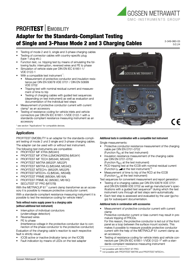 Página 1 del manual Ficha técnica Gossen Metrawatt PROFITEST EMOBILITY