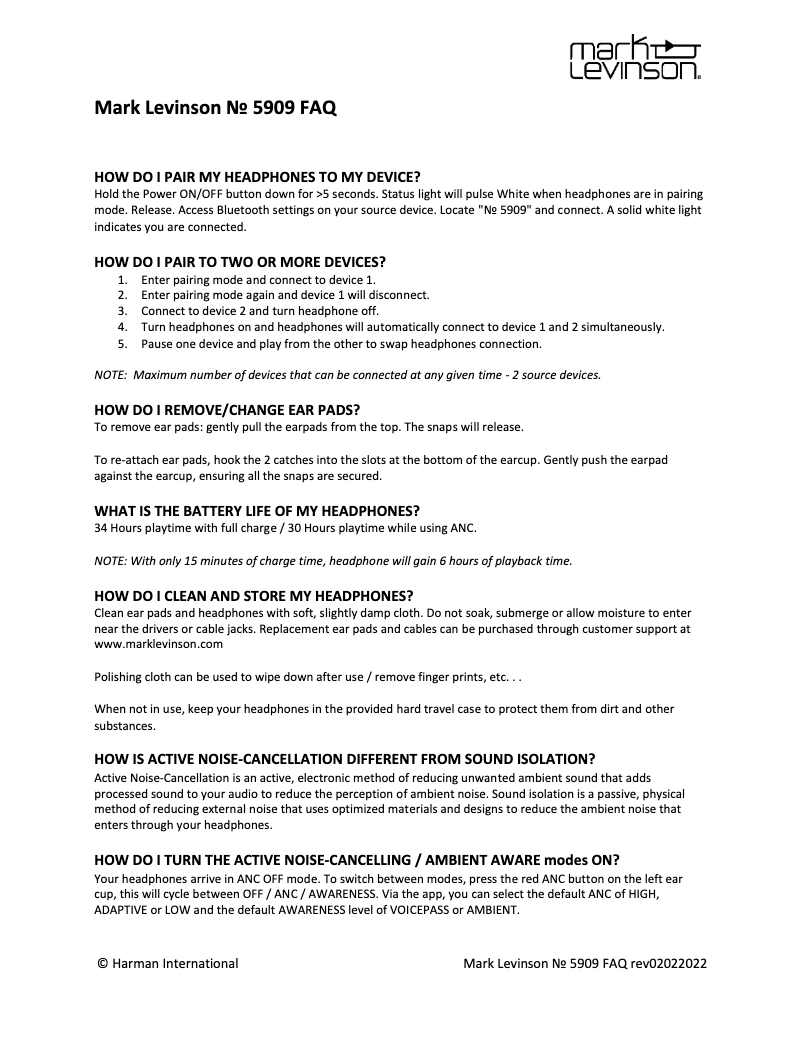 Page 1 de la notice FAQ Mark Levinson No.5909