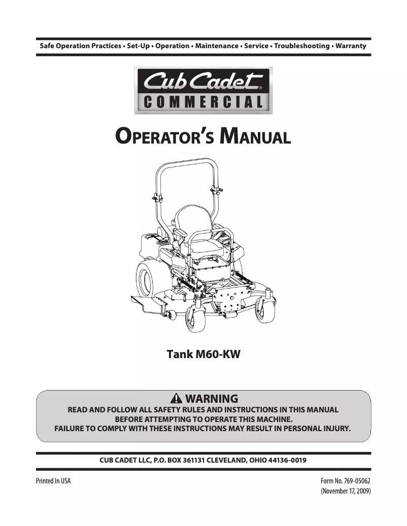 Page n°1 - Manuel utilisateur Cub Cadet Tank SZ-60
