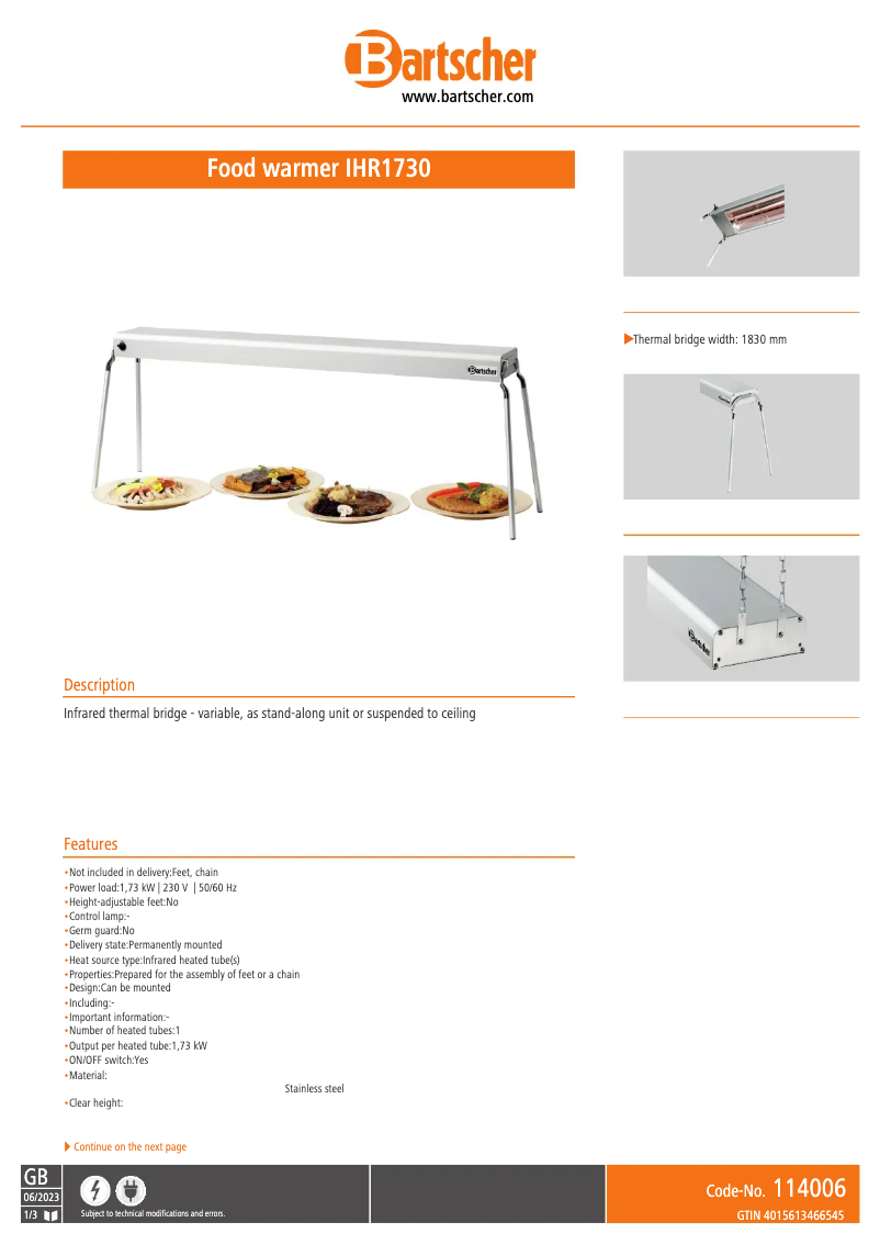 Page 1 de la notice Fiche technique Bartscher IHR1730